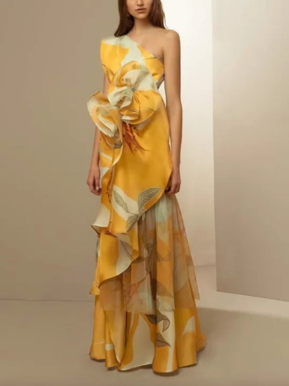 One‑Shoulder Yellow Floral Print Ruffle Maxi Evening Gown